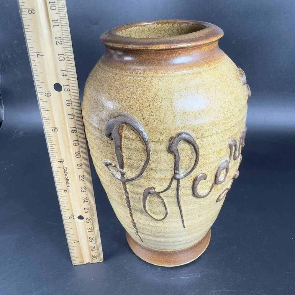 Hand Made Studio Art Pottery Vase Vessel‎ Popcorn Brown Stoneware Vase Signed
